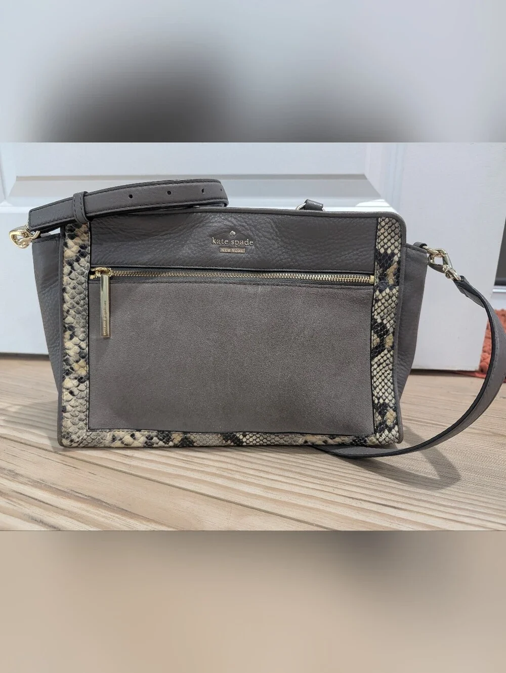 kate spade Taupe Leather & Snake-Print Trim Tote